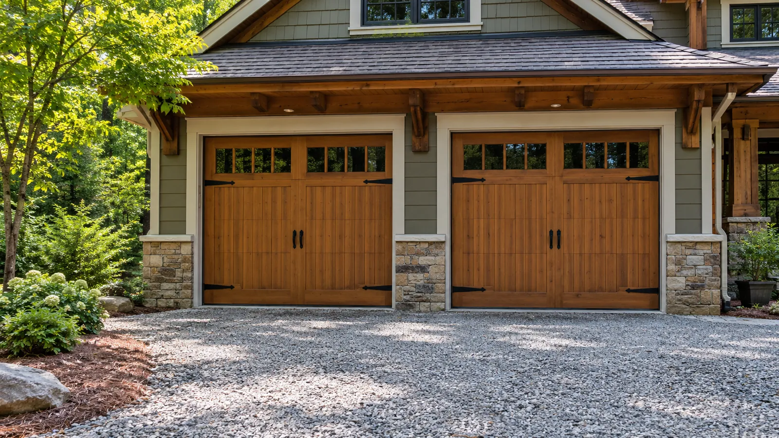 Pair of single car carriage house style garage doors in a warm wood tone with black handles and strap hinges, on a craftsman style house with a gravel drive