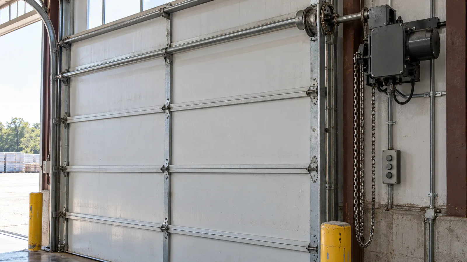 Wall mounted commercial door operator with a manual chain loop and a three button control station