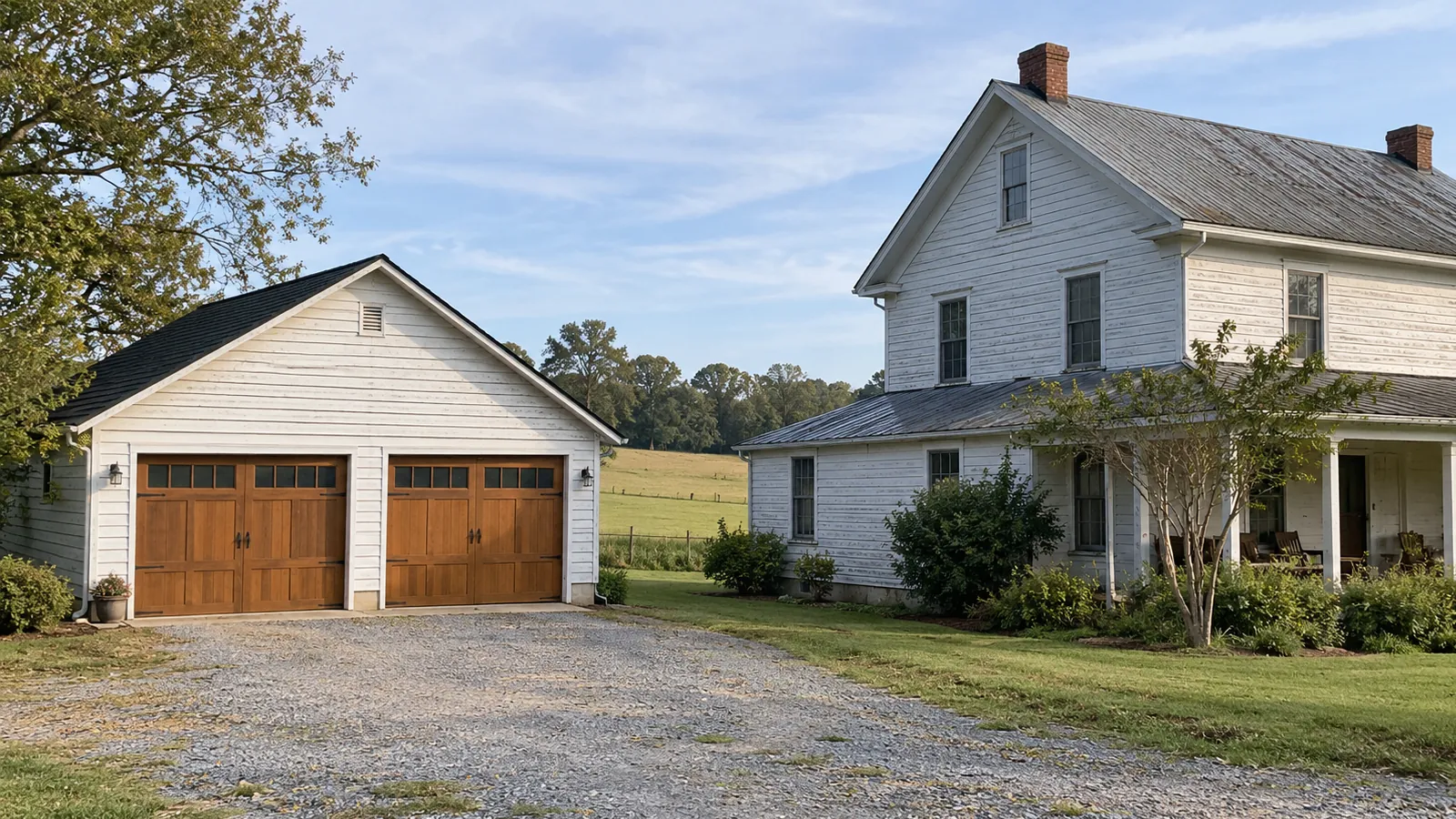Detached two car garage with a wood look carriage style door beside an older white farmhouse on a country lot