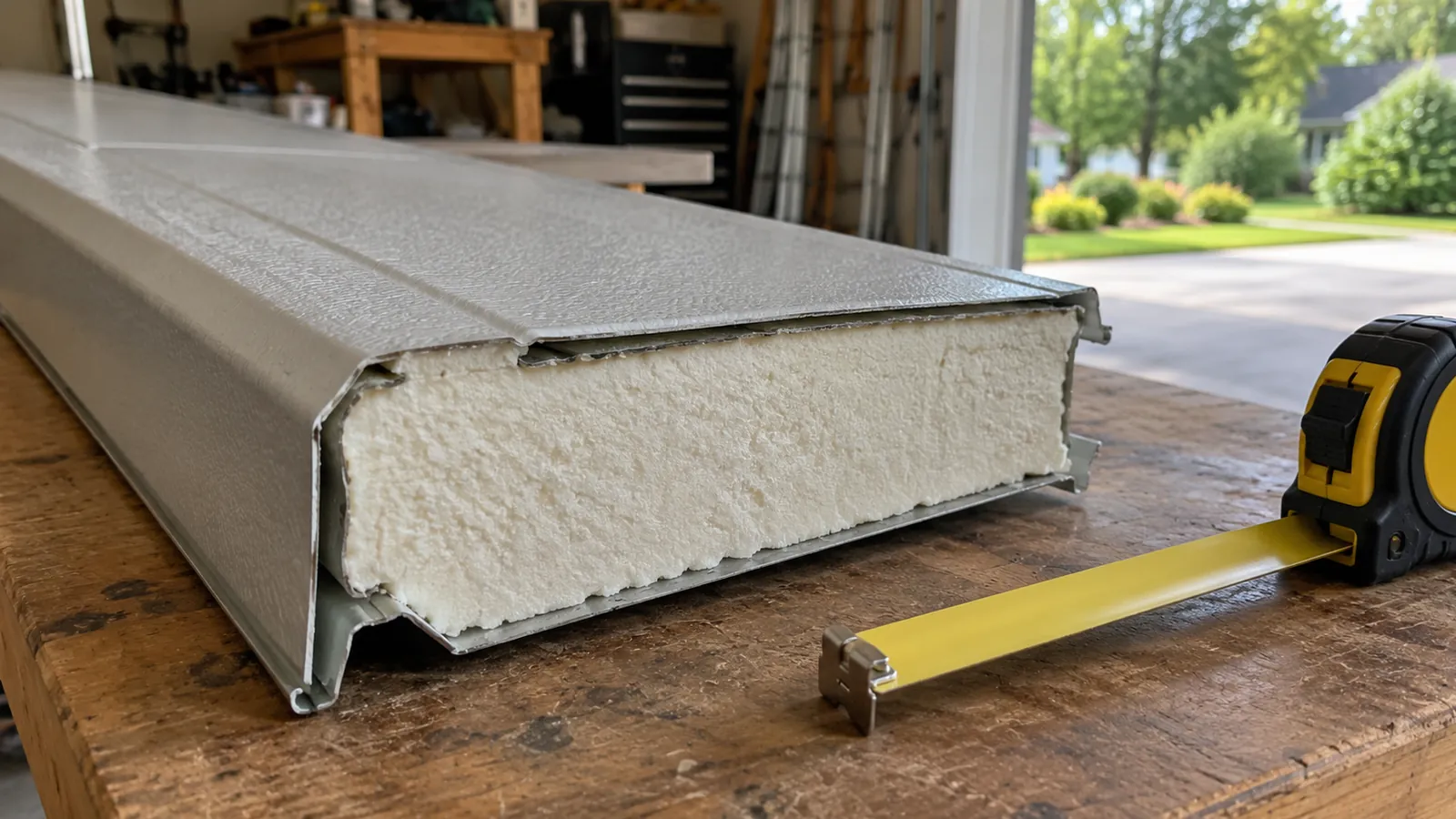 Cutaway corner of an insulated steel garage door section showing the foam core between the inner and outer steel skins
