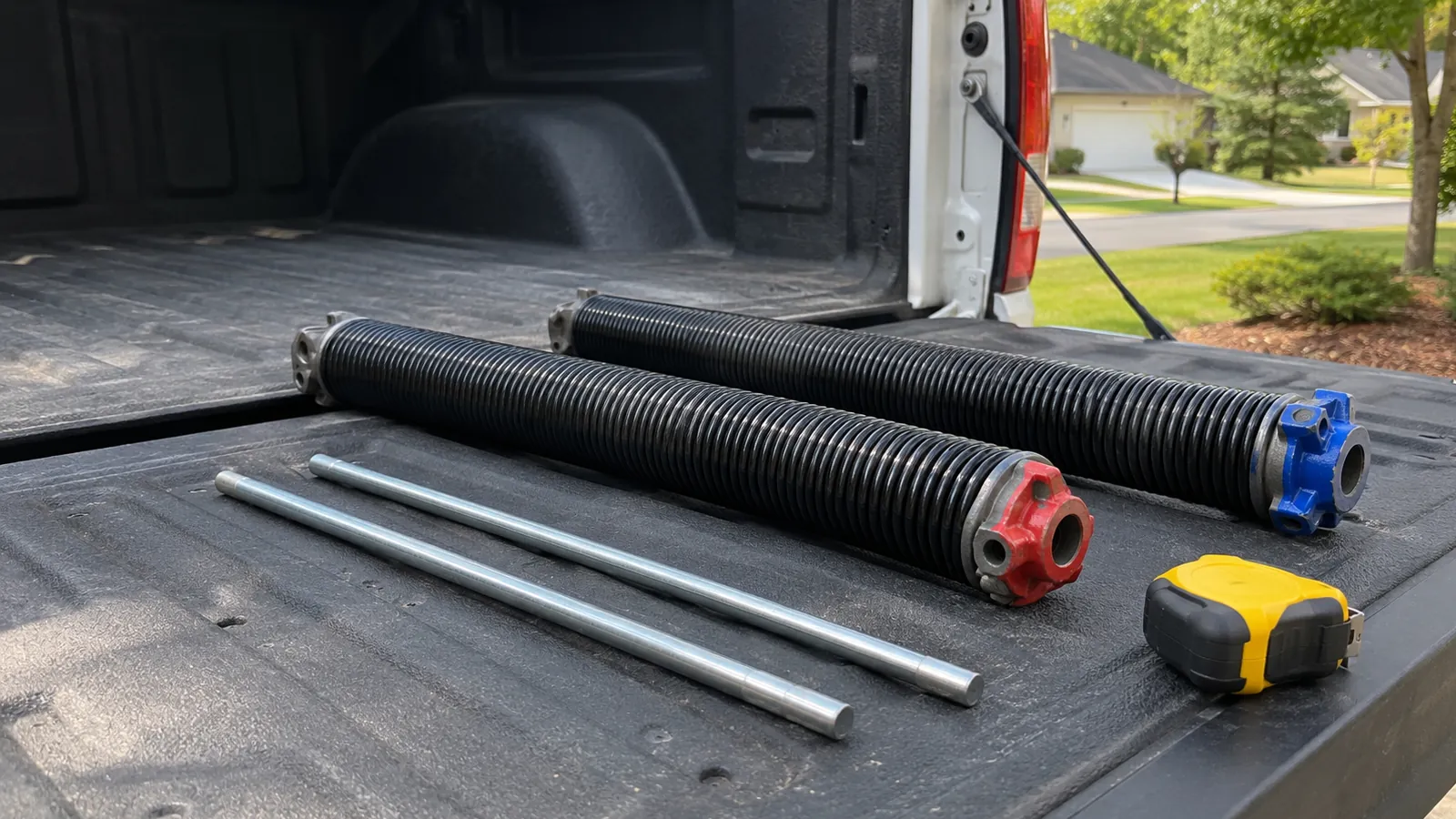 Pair of new torsion springs with painted ends laid out on a tailgate next to winding bars and a tape measure